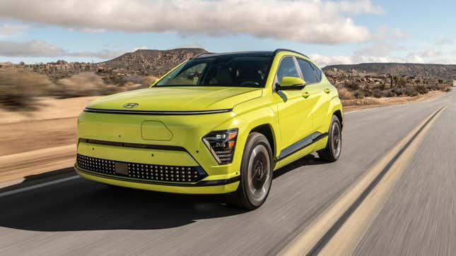 Lime green 2024 Hyundai Kona Electric on a desert road